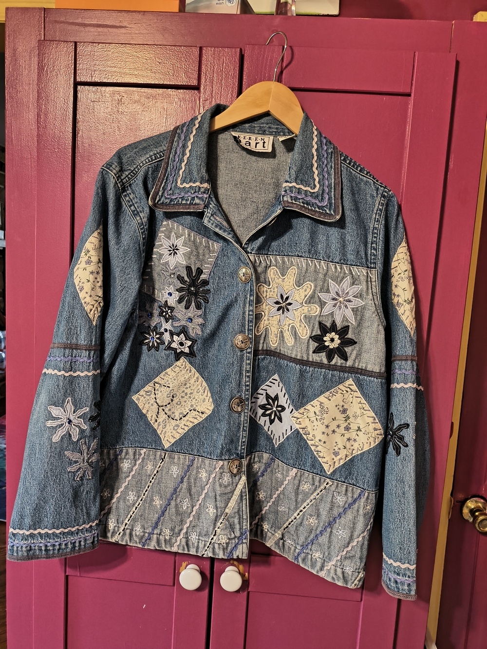 KEREN hart Patchwork Embroidered Denim Jacket in Blue and Cream Xlarge